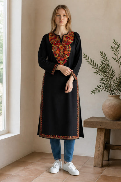 Kashmiri Kurti for Women Cotton Kurti with Embroidery - Small | Black3