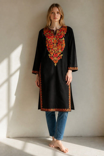 Kashmiri Kurti for Women Cotton Kurti with Embroidery - Small | Black4