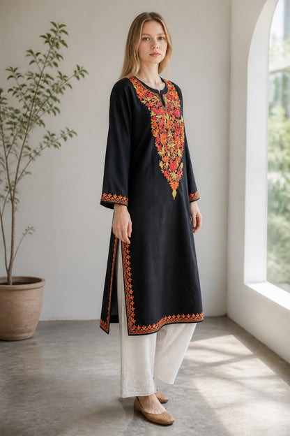 Kashmiri Kurti for Women Cotton Kurti with Embroidery - Small | Black4