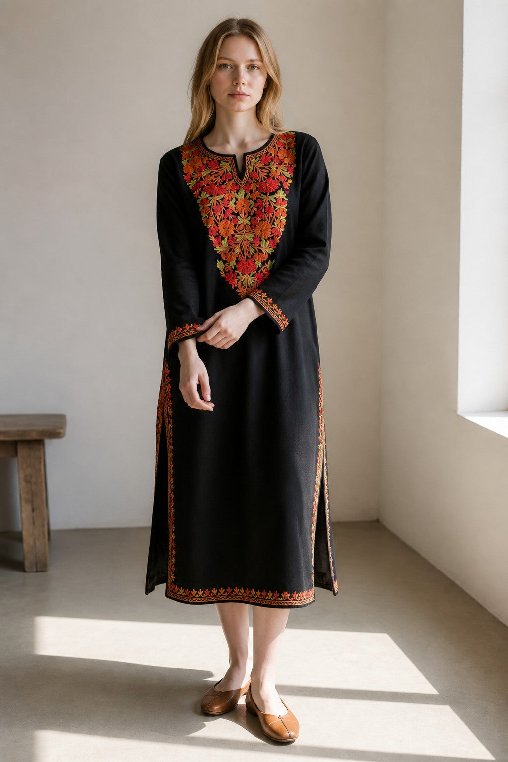 Kashmiri Kurti for Women Cotton Kurti with Embroidery - Small | Black4