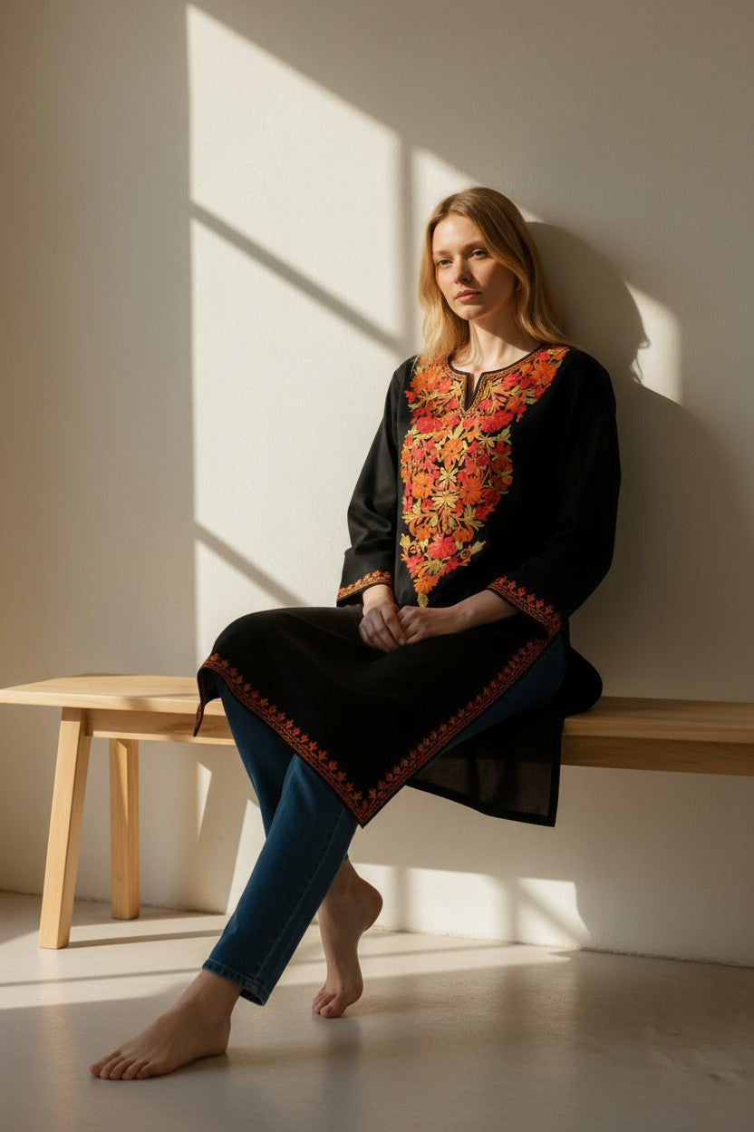 Kashmiri Kurti for Women Cotton Kurti with Embroidery - Small | Black4
