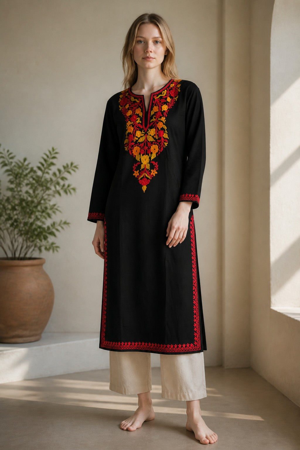 Kashmiri Kurti for Women Cotton Kurti with Embroidery - Small | Black5