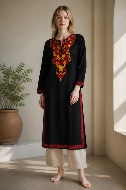 Kashmiri Kurti for Women Cotton Kurti with Embroidery - Small | Black5