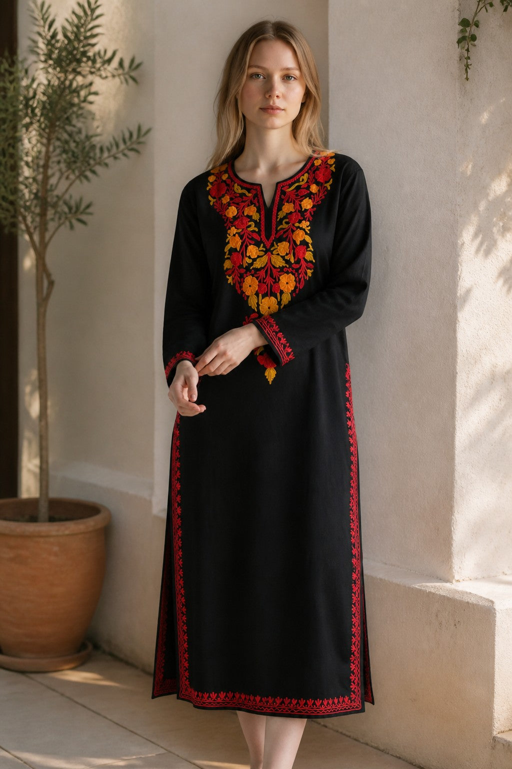 Kashmiri Kurti for Women Cotton Kurti with Embroidery - Small | Black5