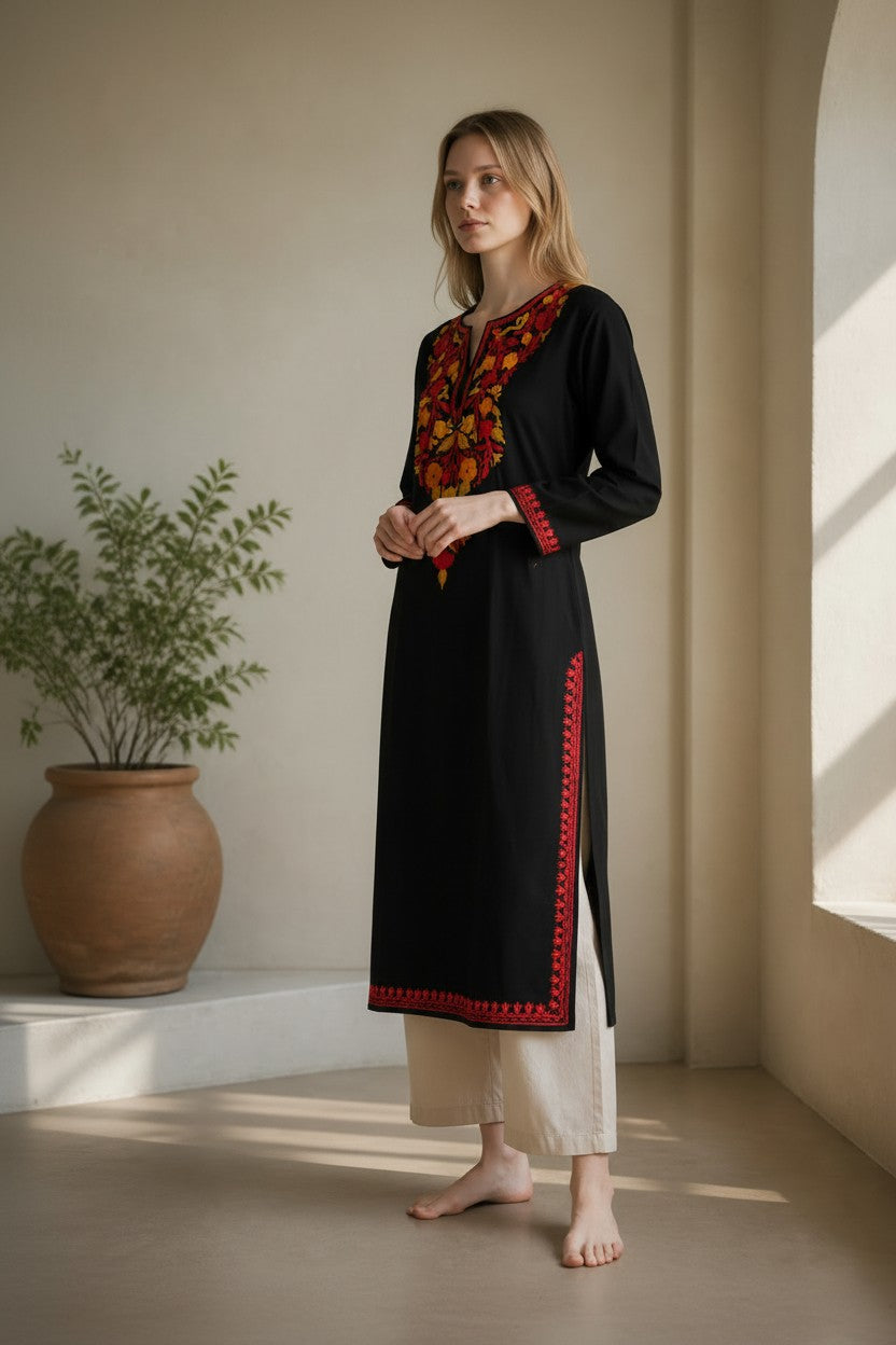 Kashmiri Kurti for Women Cotton Kurti with Embroidery - Small | Black5