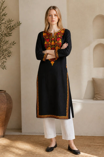 Kashmiri Kurti for Women Cotton Kurti with Embroidery - Small | Black6
