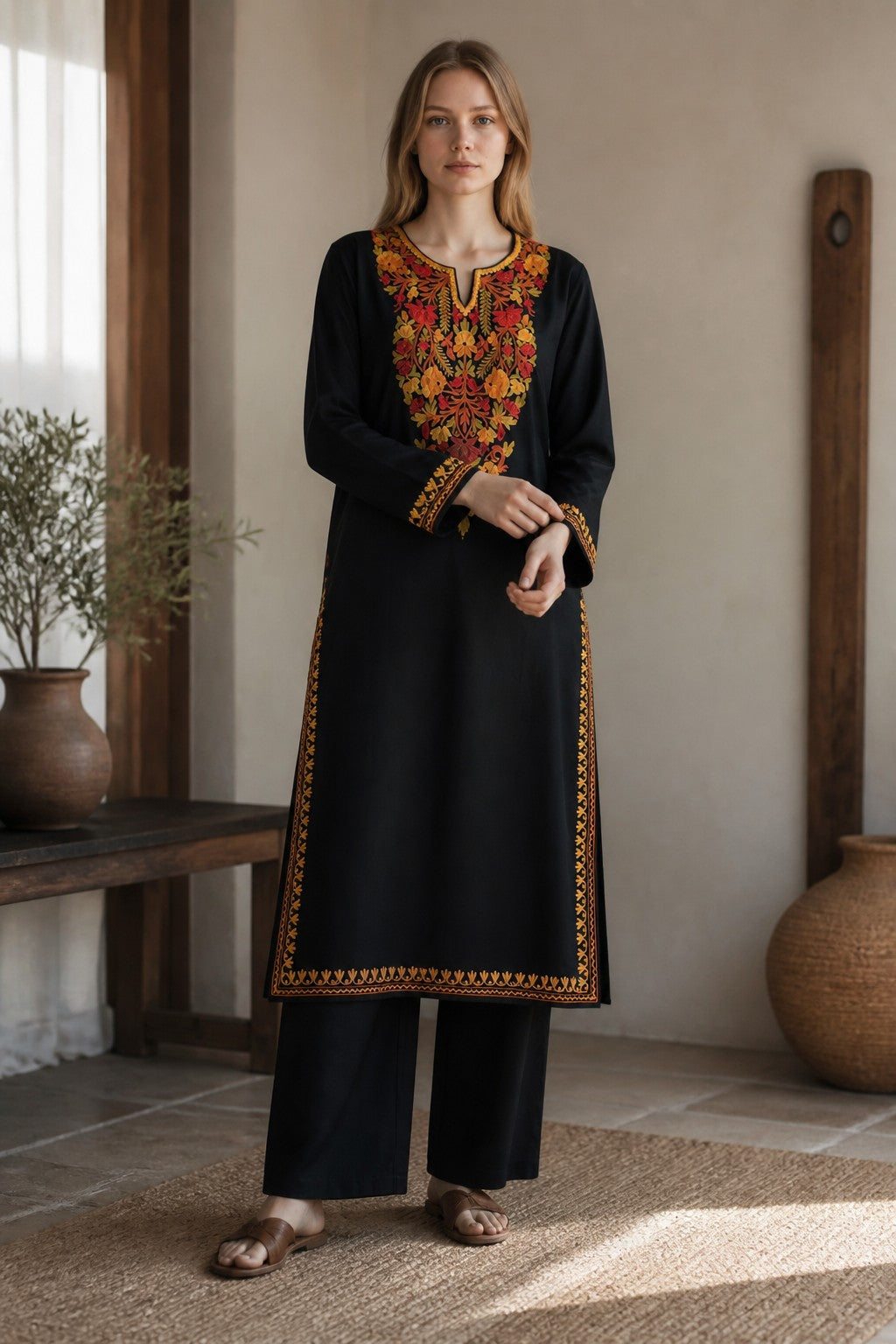 Kashmiri Kurti for Women Cotton Kurti with Embroidery - Small | Black6
