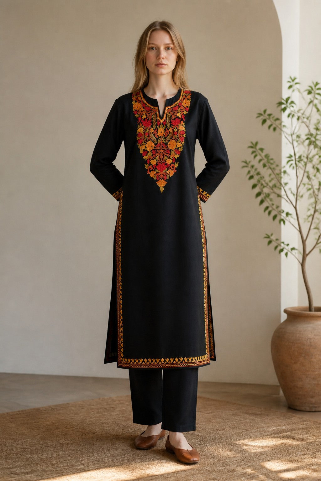 Kashmiri Kurti for Women Cotton Kurti with Embroidery - Small | Black6