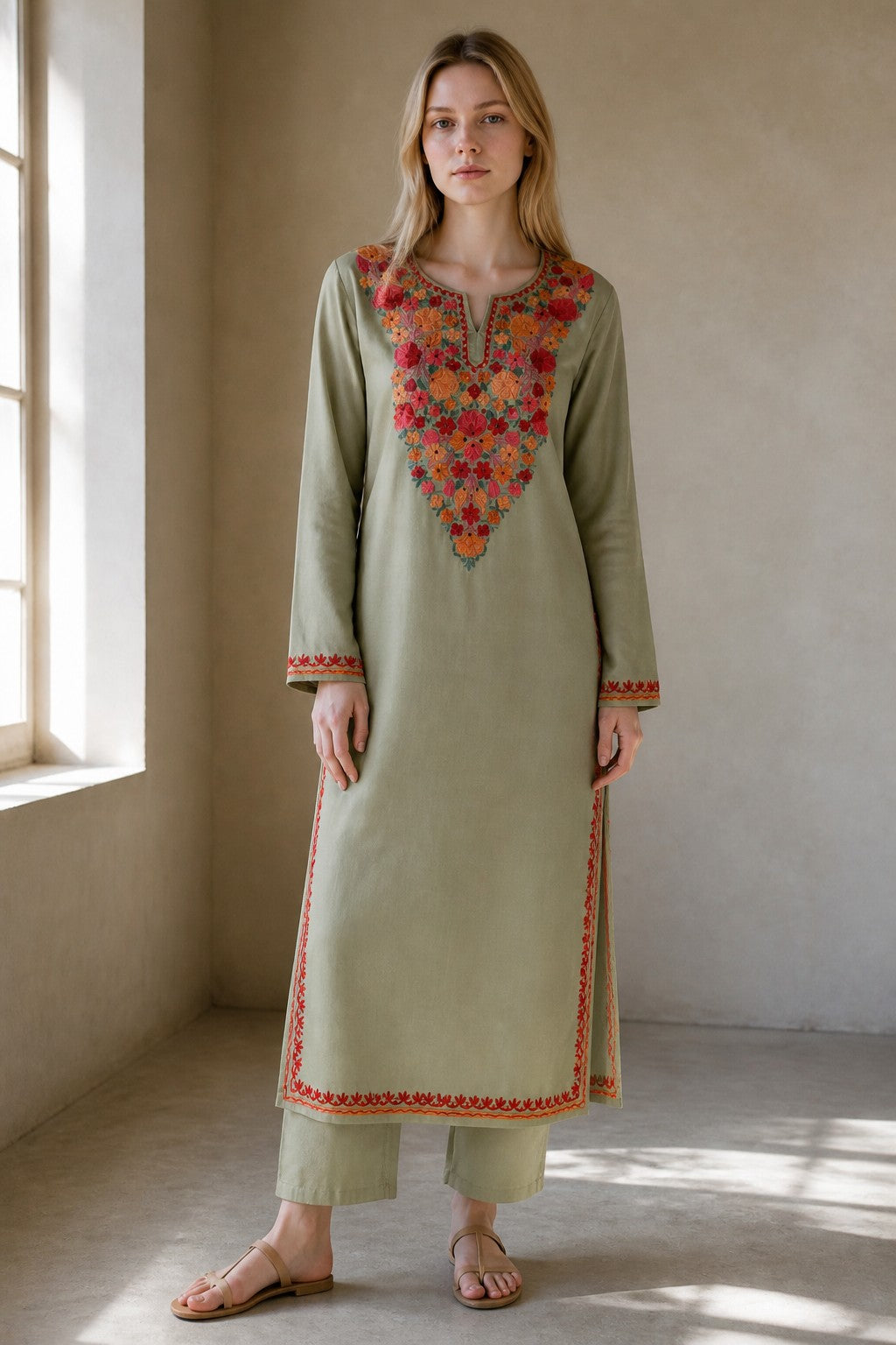 Kashmiri Kurti for Women Cotton Kurti with Embroidery - Small | Light Green