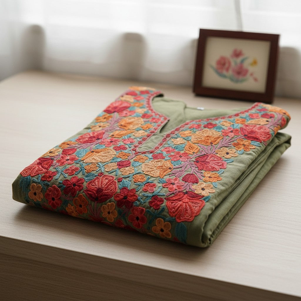 Kashmiri Kurti for Women Cotton Kurti with Embroidery - Small | Light Green