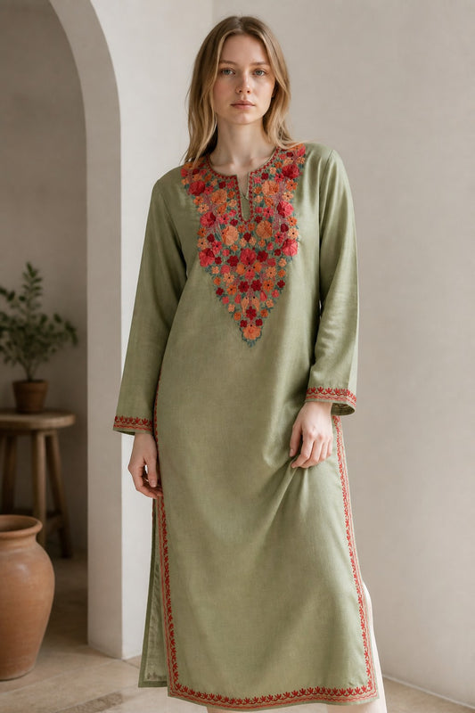 Kashmiri Kurti for Women Cotton Kurti with Embroidery - Small | Light Green