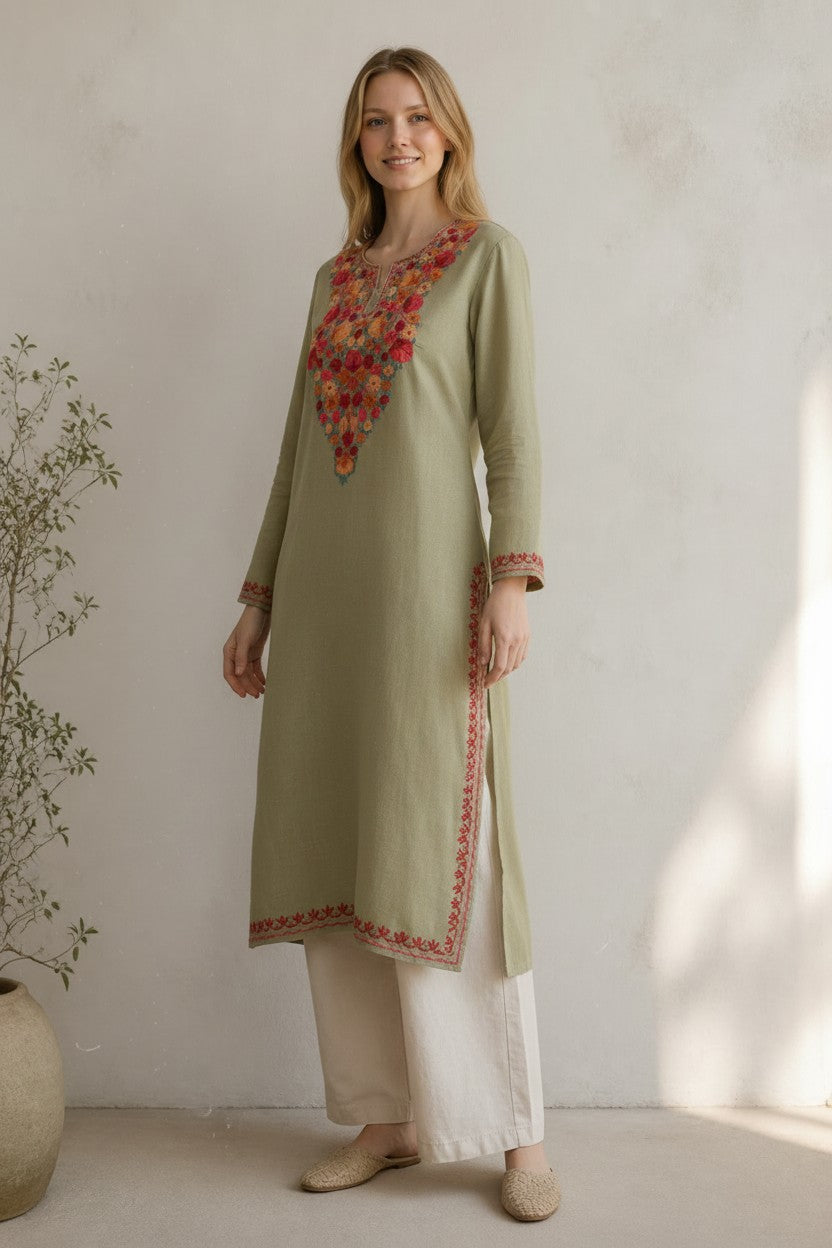 Kashmiri Kurti for Women Cotton Kurti with Embroidery - Small | Light Green