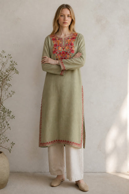 Kashmiri Kurti for Women Cotton Kurti with Embroidery - Small | Light Green