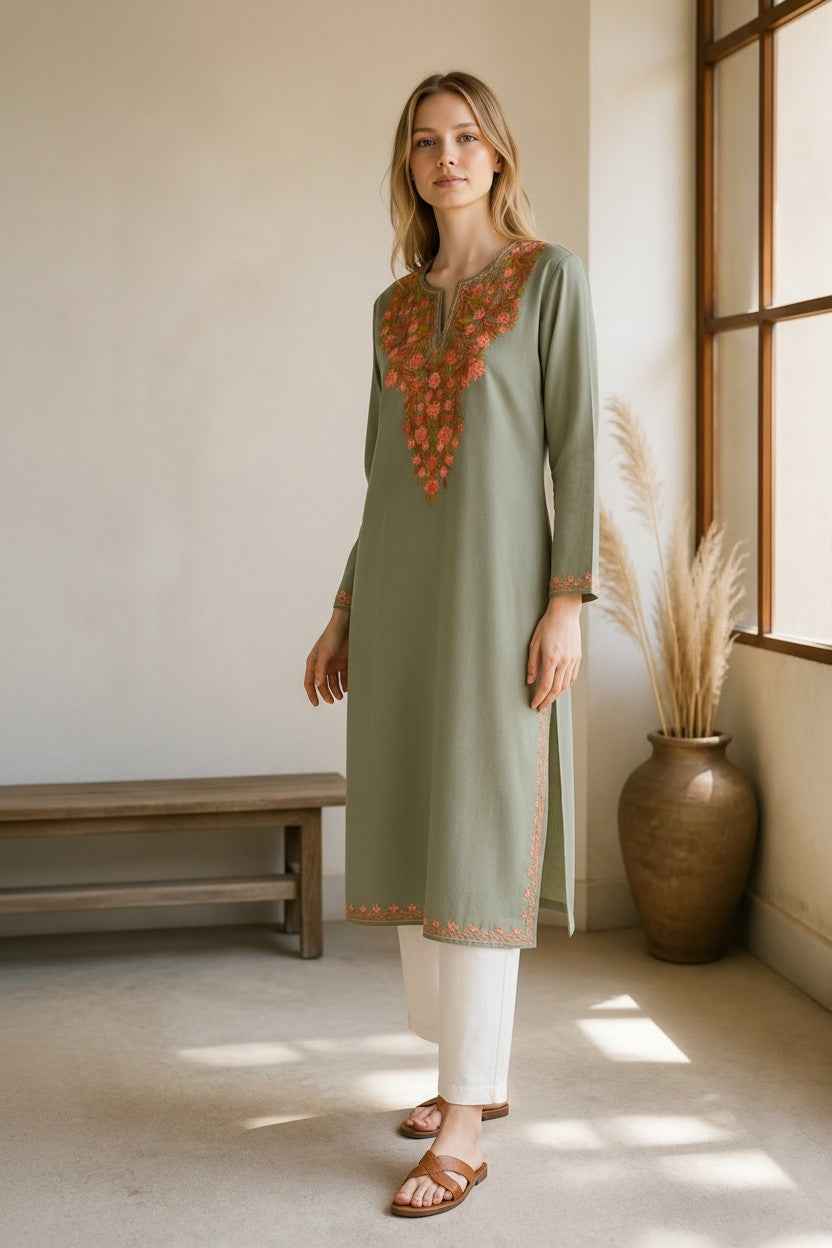 Kashmiri Kurti for Women Cotton Kurti with Embroidery - Small | Light Green 2