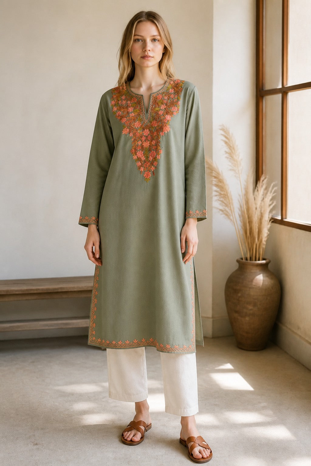 Kashmiri Kurti for Women Cotton Kurti with Embroidery - Small | Light Green 2