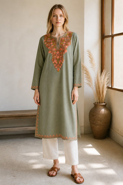 Kashmiri Kurti for Women Cotton Kurti with Embroidery - Small | Light Green 2