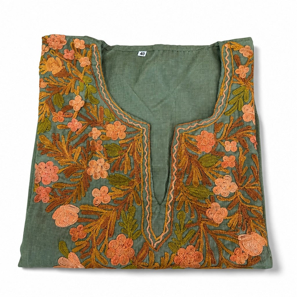 Kashmiri Kurti for Women Cotton Kurti with Embroidery - Small | Light Green 2
