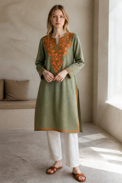 Kashmiri Kurti for Women Cotton Kurti with Embroidery - Small | Light Green 2