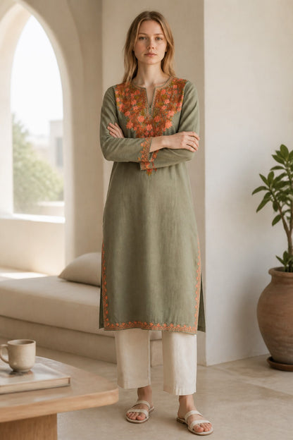 Kashmiri Kurti for Women Cotton Kurti with Embroidery - Small | Light Green 2