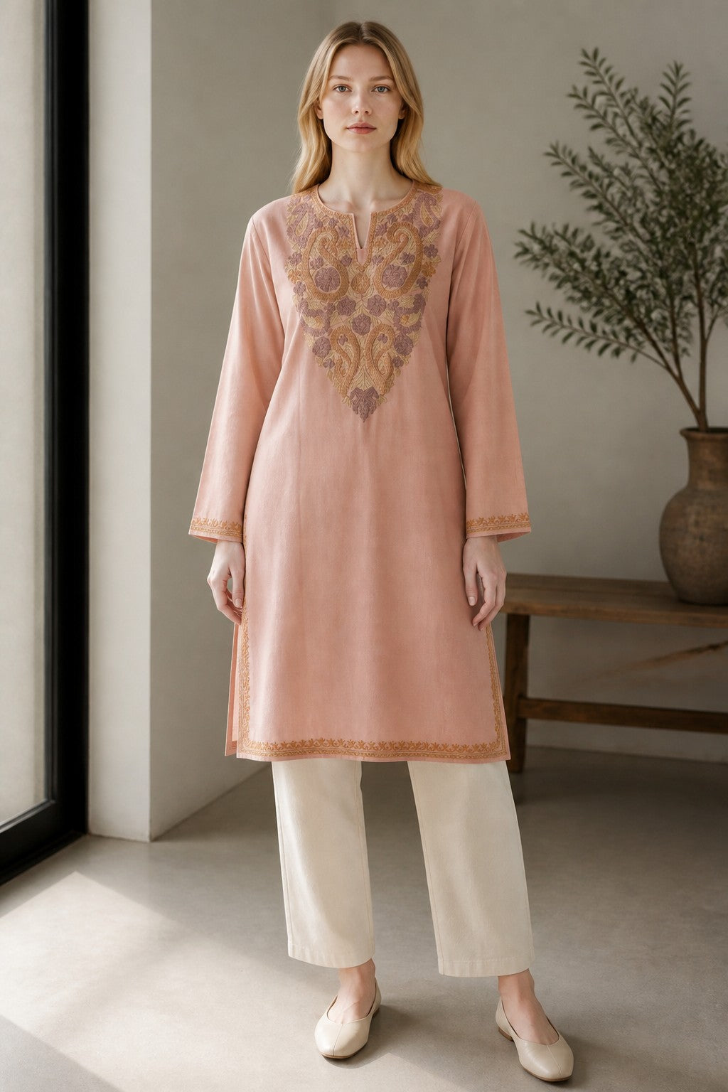 Kashmiri Kurti for Women Cotton Kurti with Embroidery - XL | Pink