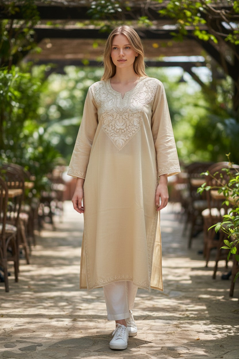 Kashmiri Kurti for Women Cotton Kurti with Aari Embroidery - S | Beige