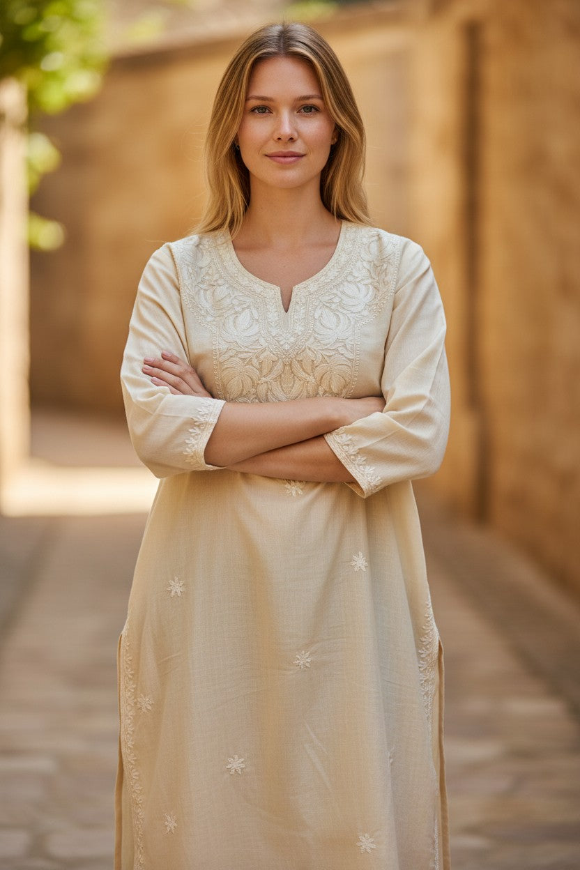 Kashmiri Kurti for Women Cotton Kurti with Aari Embroidery - S | Beige