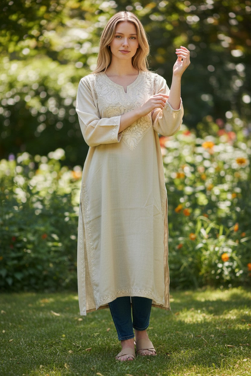 Kashmiri Kurti for Women Cotton Kurti with Aari Embroidery - S | Beige