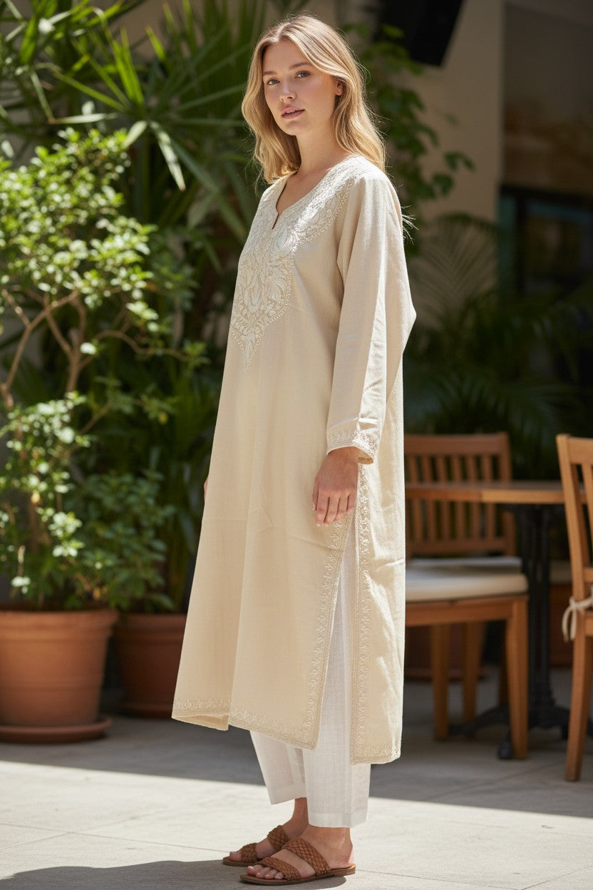 Kashmiri Kurti for Women Cotton Kurti with Aari Embroidery - S | Beige