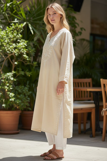 Kashmiri Kurti for Women Cotton Kurti with Aari Embroidery - S | Beige
