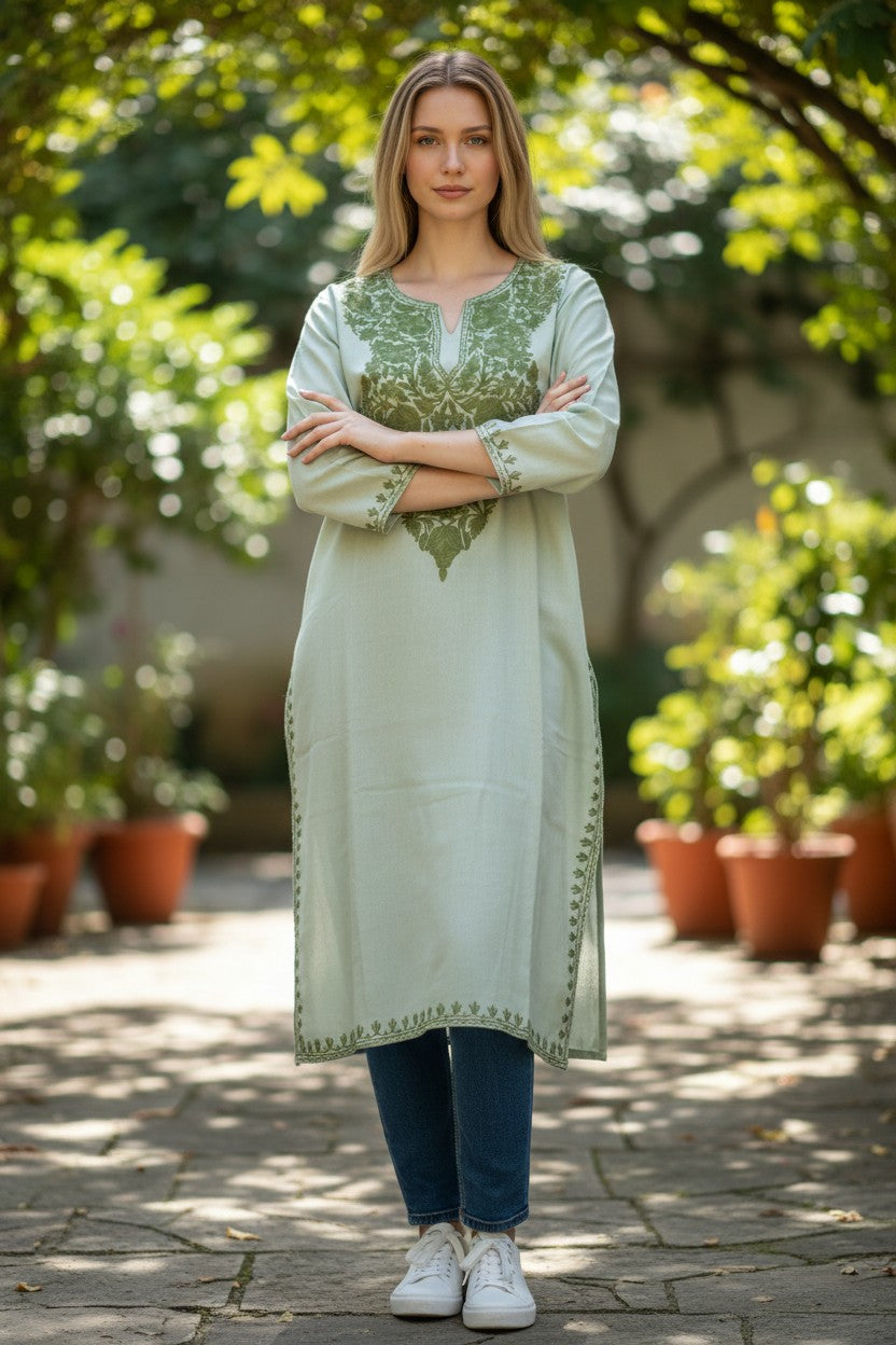 Kashmiri Kurti for Women Cotton Kurti with Aari Embroidery - S | Green