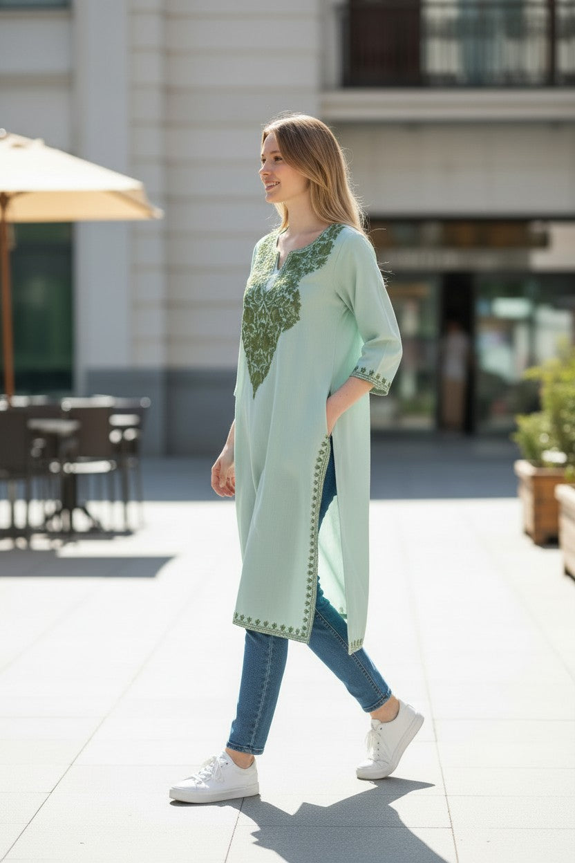 Kashmiri Kurti for Women Cotton Kurti with Aari Embroidery - S | Green