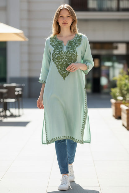 Kashmiri Kurti for Women Cotton Kurti with Aari Embroidery - S | Green