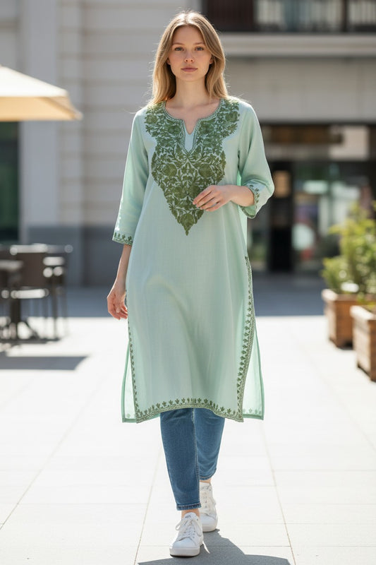 Kashmiri Kurti for Women Cotton Kurti with Aari Embroidery - S | Green