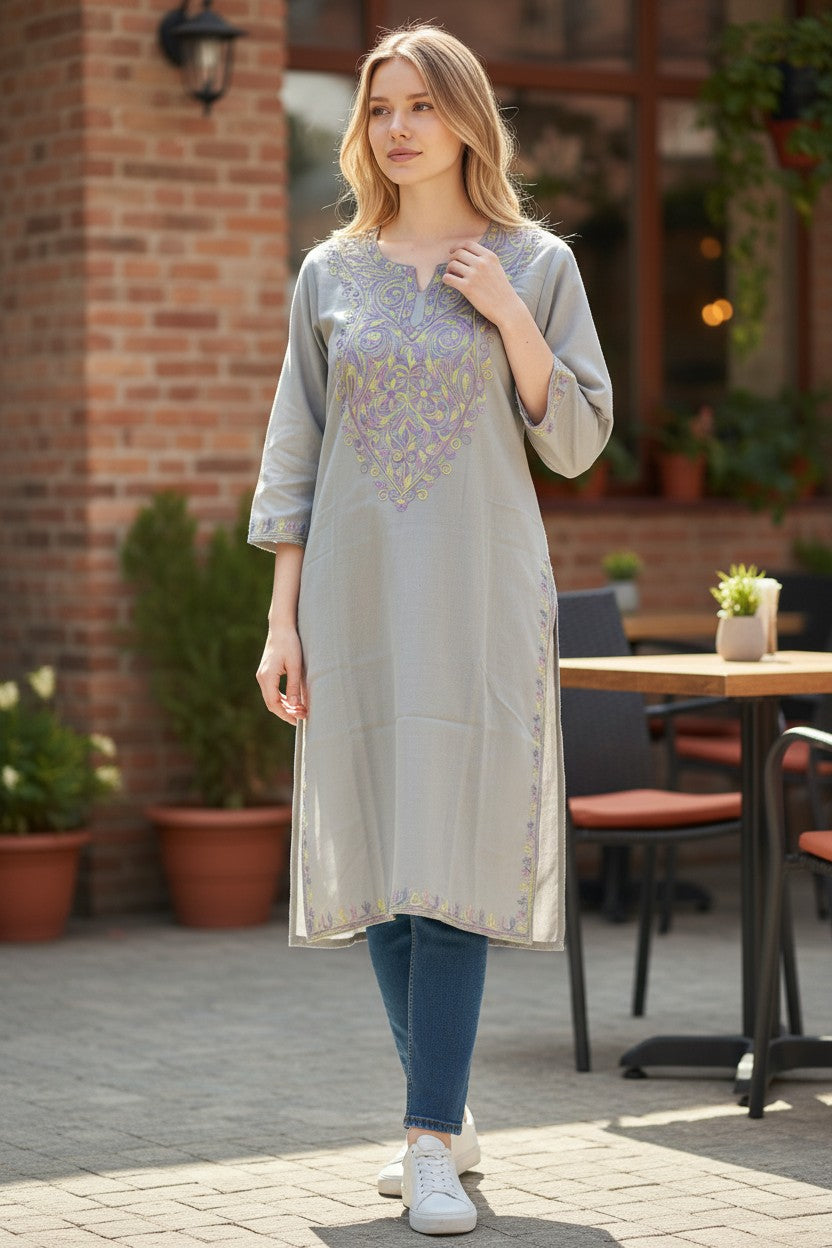 Kashmiri Kurti for Women Cotton Kurti with Aari Embroidery - S | Grey
