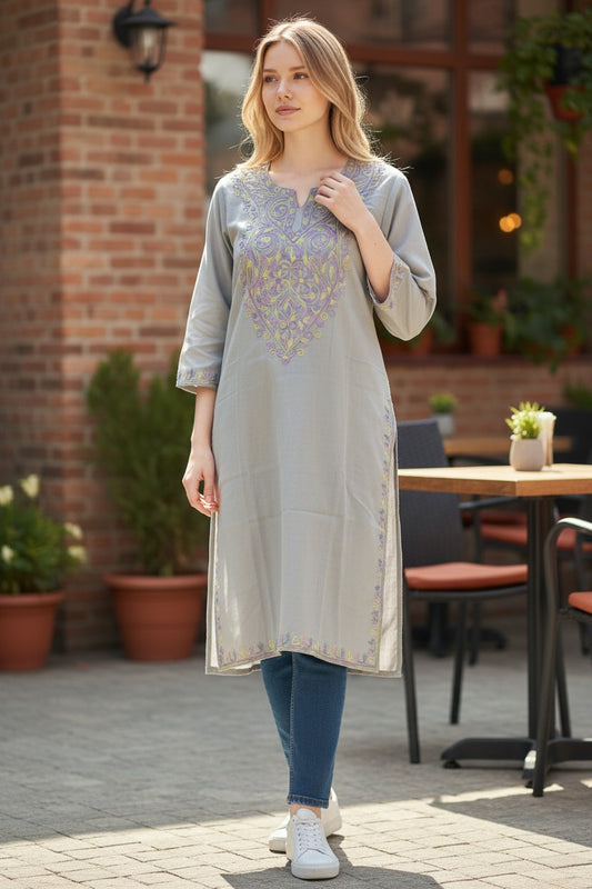 Kashmiri Kurti for Women Cotton Kurti with Aari Embroidery - S | Grey