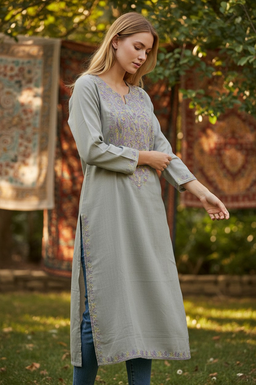 Kashmiri Kurti for Women Cotton Kurti with Aari Embroidery - S | Grey