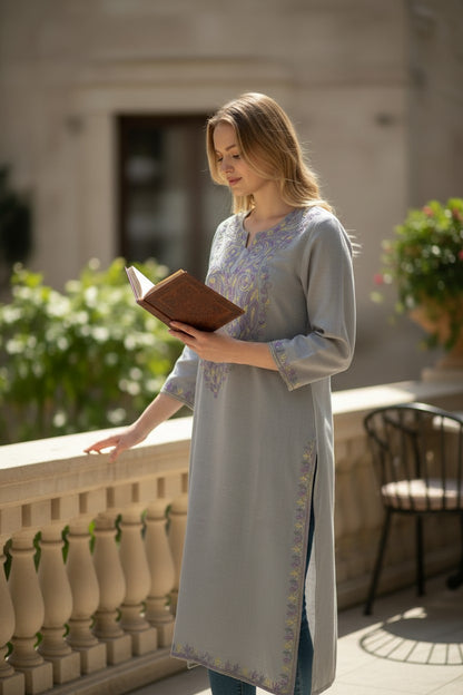 Kashmiri Kurti for Women Cotton Kurti with Aari Embroidery - S | Grey