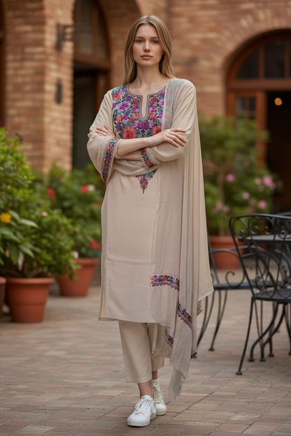 Women Cotton Suits with Kashmiri Embroidery Unstitched Dress Material - Cream