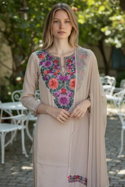 Women Cotton Suits with Kashmiri Embroidery Unstitched Dress Material - Cream
