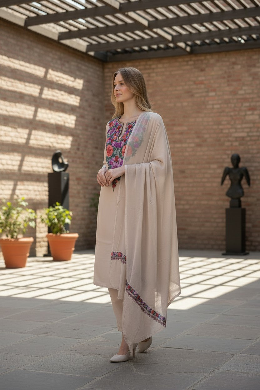 Women Cotton Suits with Kashmiri Embroidery Unstitched Dress Material - Cream