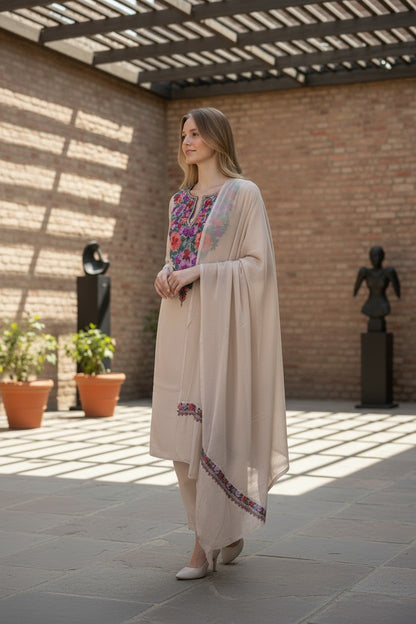 Women Cotton Suits with Kashmiri Embroidery Unstitched Dress Material - Cream