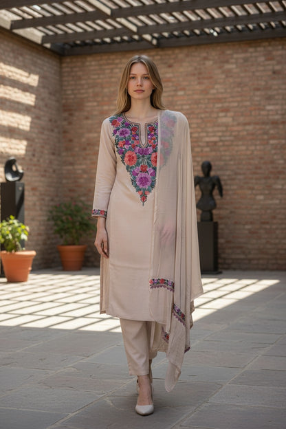 Women Cotton Suits with Kashmiri Embroidery Unstitched Dress Material - Cream