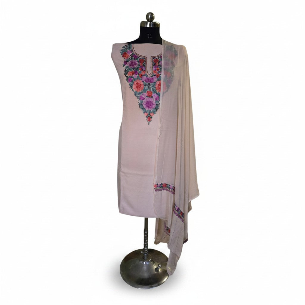 Women Cotton Suits with Kashmiri Embroidery Unstitched Dress Material - Cream