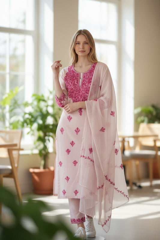 Women Cotton Suits with Kashmiri Embroidery Unstitched Dress Material - Cream2