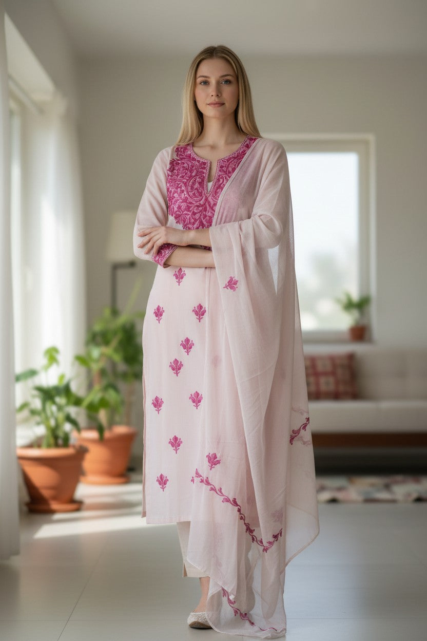 Women Cotton Suits with Kashmiri Embroidery Unstitched Dress Material - Cream2