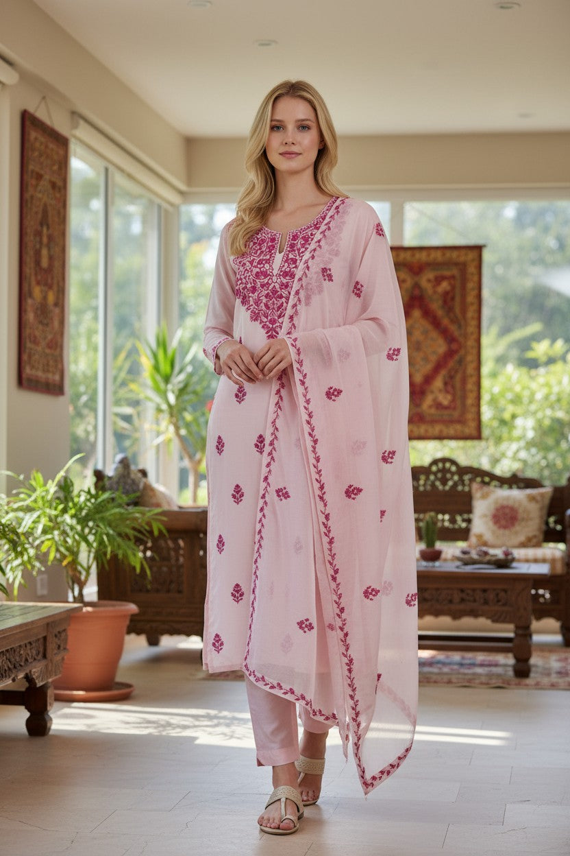 Women Cotton Suits with Kashmiri Embroidery Unstitched Dress Material - Cream2