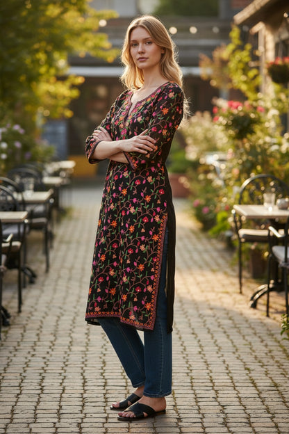 Kashmiri Kurti for Women | Georgette Kurti with Aari Embroidery - Black