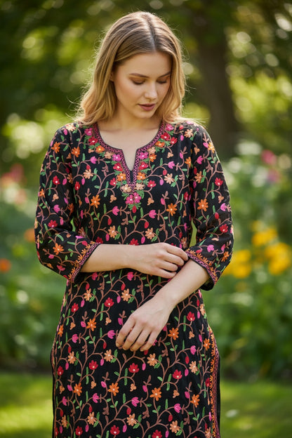 Kashmiri Kurti for Women | Georgette Kurti with Aari Embroidery - Black