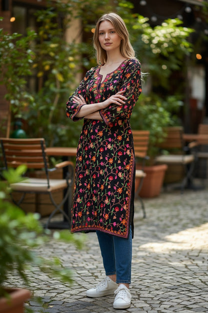 Kashmiri Kurti for Women | Georgette Kurti with Aari Embroidery - Black