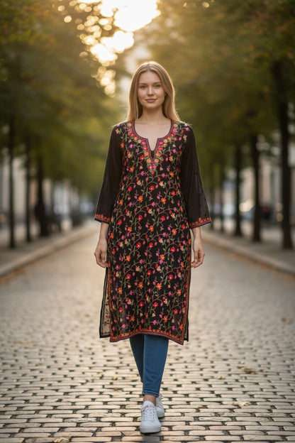 Kashmiri Kurti for Women | Georgette Kurti with Aari Embroidery - Black